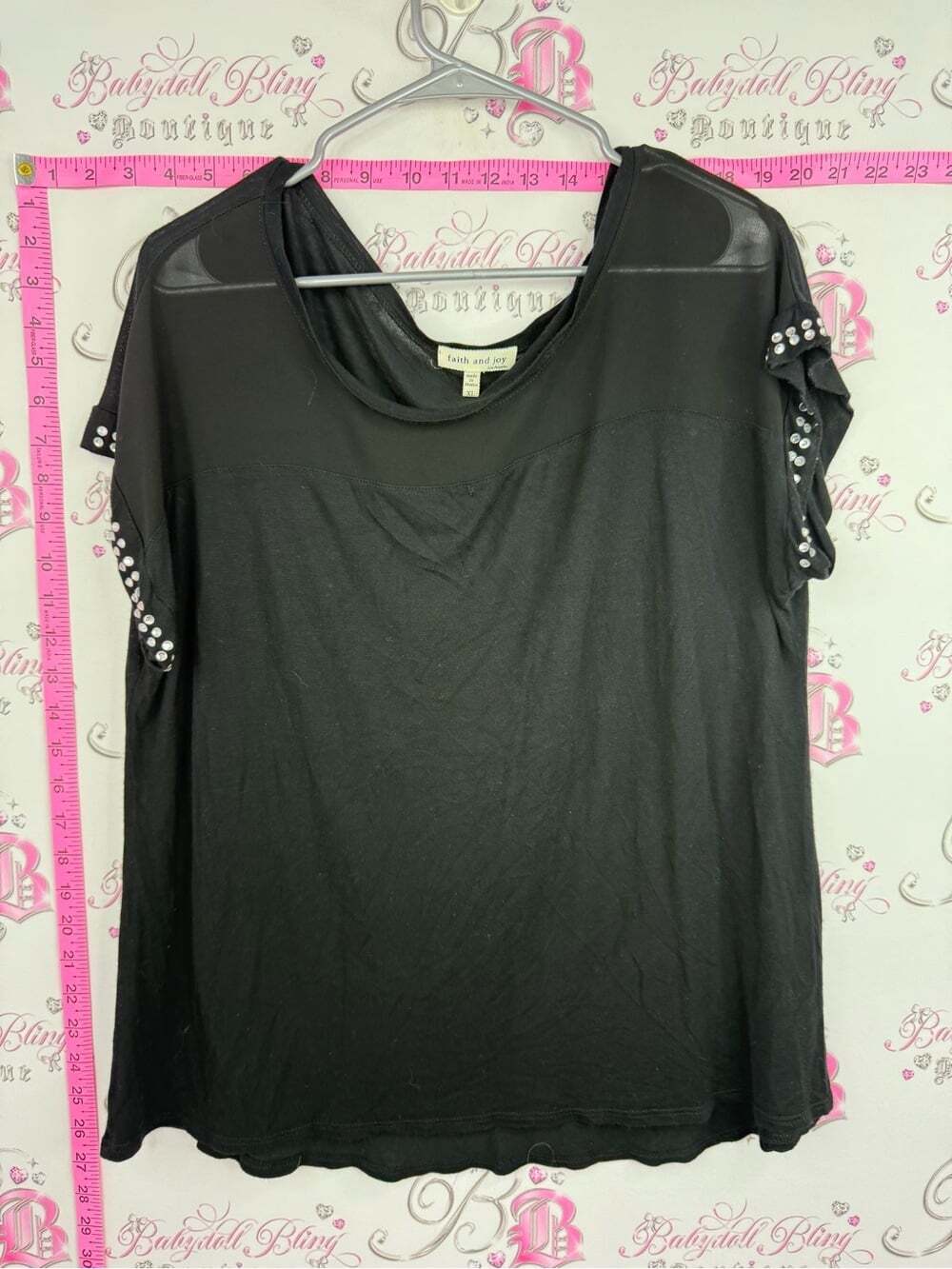 Faith and Joy Black Short Sleeve Top with Sheer Yoke and Studded Sleeves
